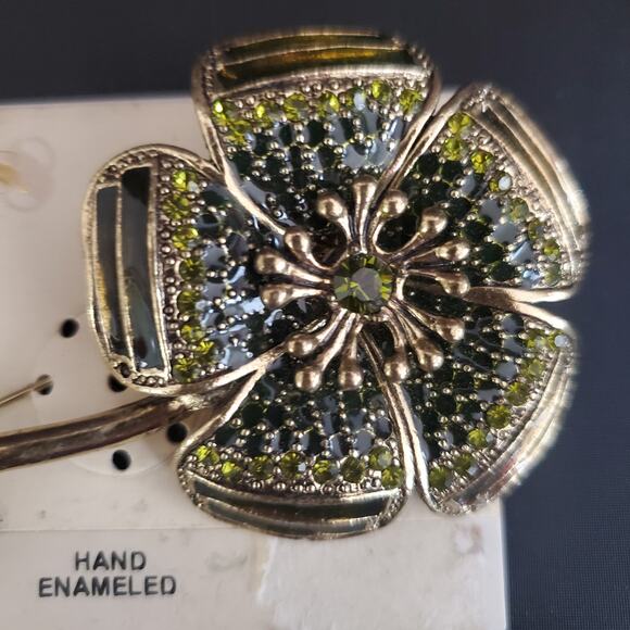 2028 Jewelry Company Hand Enameled Brooch Green Gold Tone with Crystals‎ NWT - Picture 4 of 7